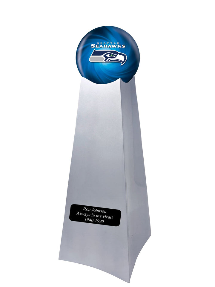 Championship Trophy Cremation Urn with Add on Seattle Seahawks Ball Decor and Custom Metal Plaque