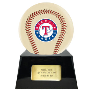 Baseball Cremation Urn with Add On Ivory Texas Rangers Ball Decor and Custom Metal Plaque