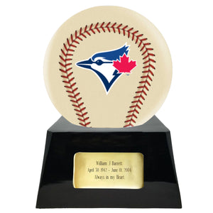 Baseball Cremation Urn with Add On Ivory Toronto Blue Jays Ball Decor and Custom Metal Plaque