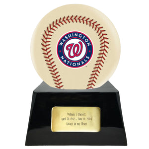 Baseball Cremation Urn with Add On Ivory Washington Nationals Ball Decor and Custom Metal Plaque