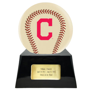 Baseball Cremation Urn with Add On Ivory Cleveland Indians Ball Decor and Custom Metal Plaque