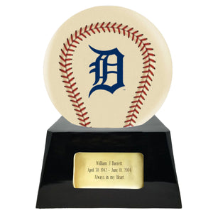 Baseball Cremation Urn with Add On Ivory Detroit Tigers Ball Decor and Custom Metal Plaque