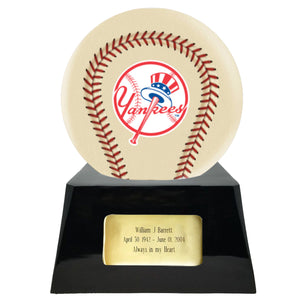 Baseball Cremation Urn with Add On Ivory New York Yankees Ball Decor and Custom Metal Plaque