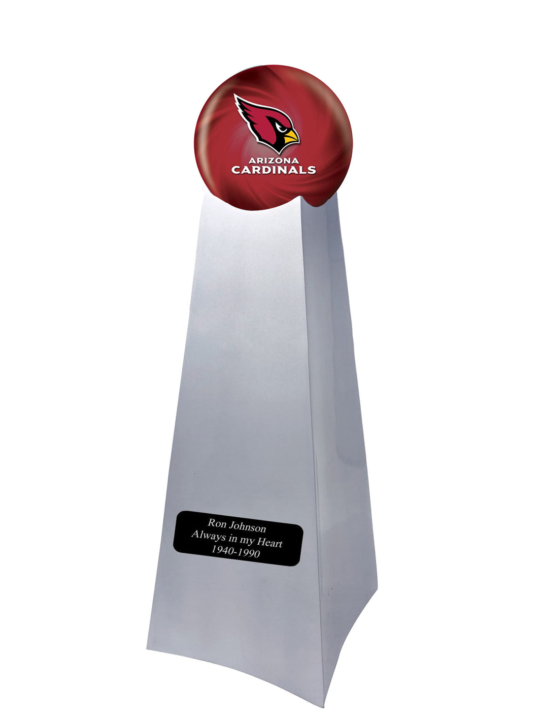 Championship Trophy Cremation Urn with Add on Arizona Cardinals Ball Decor and Custom Metal Plaque