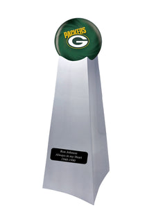 Championship Trophy Cremation Urn with Add on Green Bay Packers Ball Decor and Custom Metal Plaque